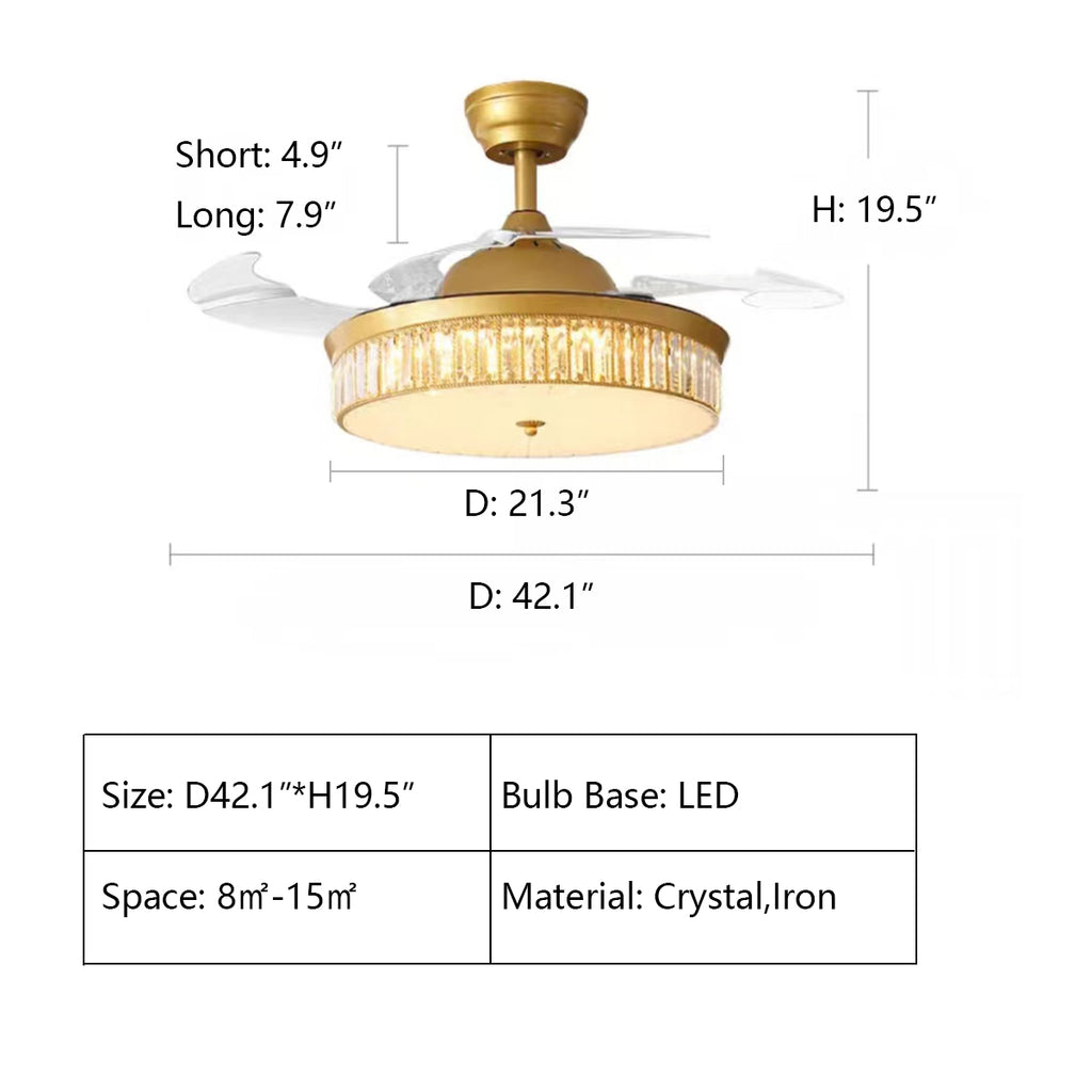 D42.1"*H19.5"   Crystal Ceiling Invisible Fan Light Invisible Fan Light for Living/Dining Room   modern, drum, round, remote control, bedroom