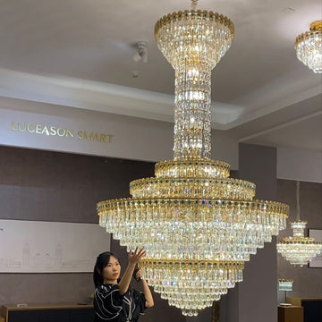 Oversized multi-tiered gold and blue crystal light fixture for 2-story/quplex buildings/villa/hotel/ shopping mall/restaurant/coffee shop/bar