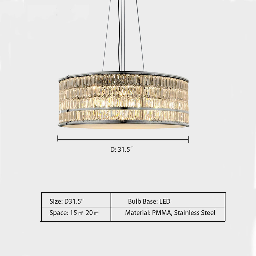 D31.5"  Fendi  Luxury Crystal Drum Suspension Chandelier for Living/Dining Room PMMA, Stainless Steel