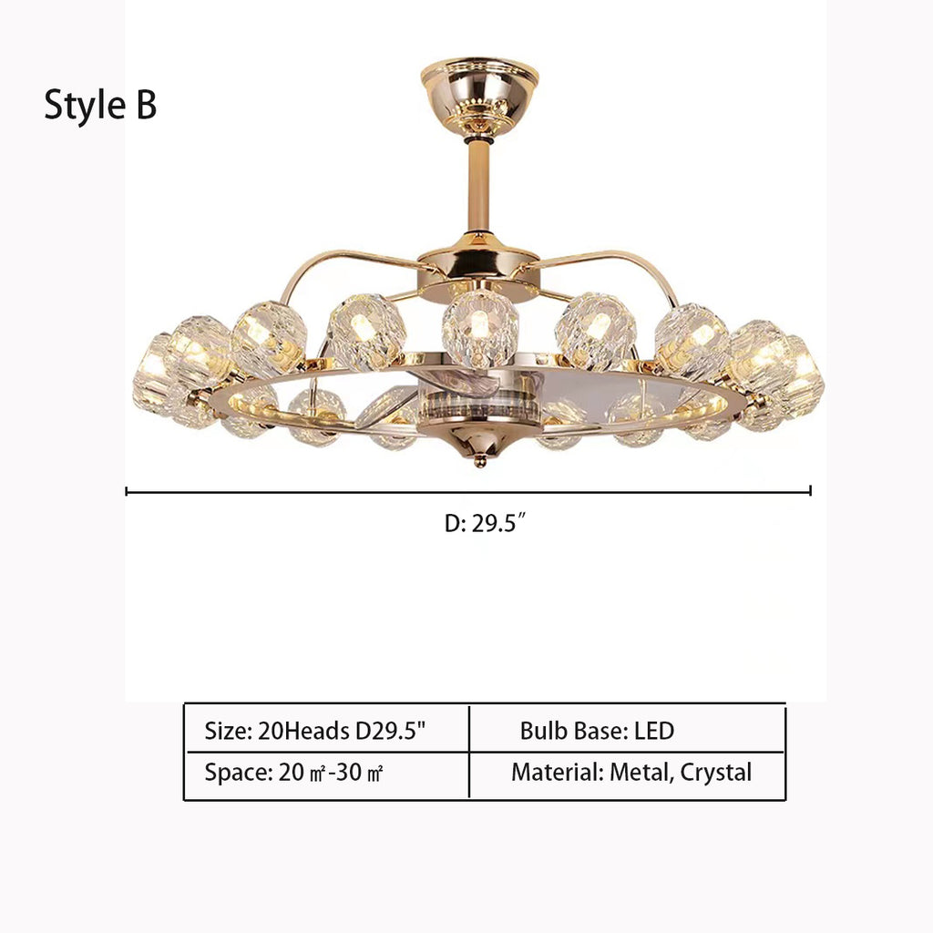 Style B: 20Heads D29.5"   Multi-Head Wreath Invisible Fan Blade Chandelier for Living/Dining Room  Remote Control Included