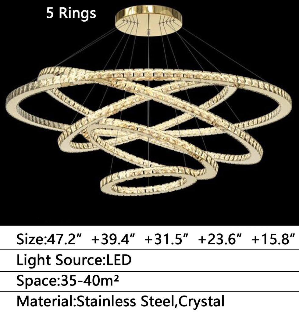 D47.2" Modern oversized/extra large round/ring/circular crystal chandelier/light fixture gold luxury chandelier for living room/hallway/foyer/staircase/entryway/hotel lobby/restaurant/coffee shop/cafe/coffee table