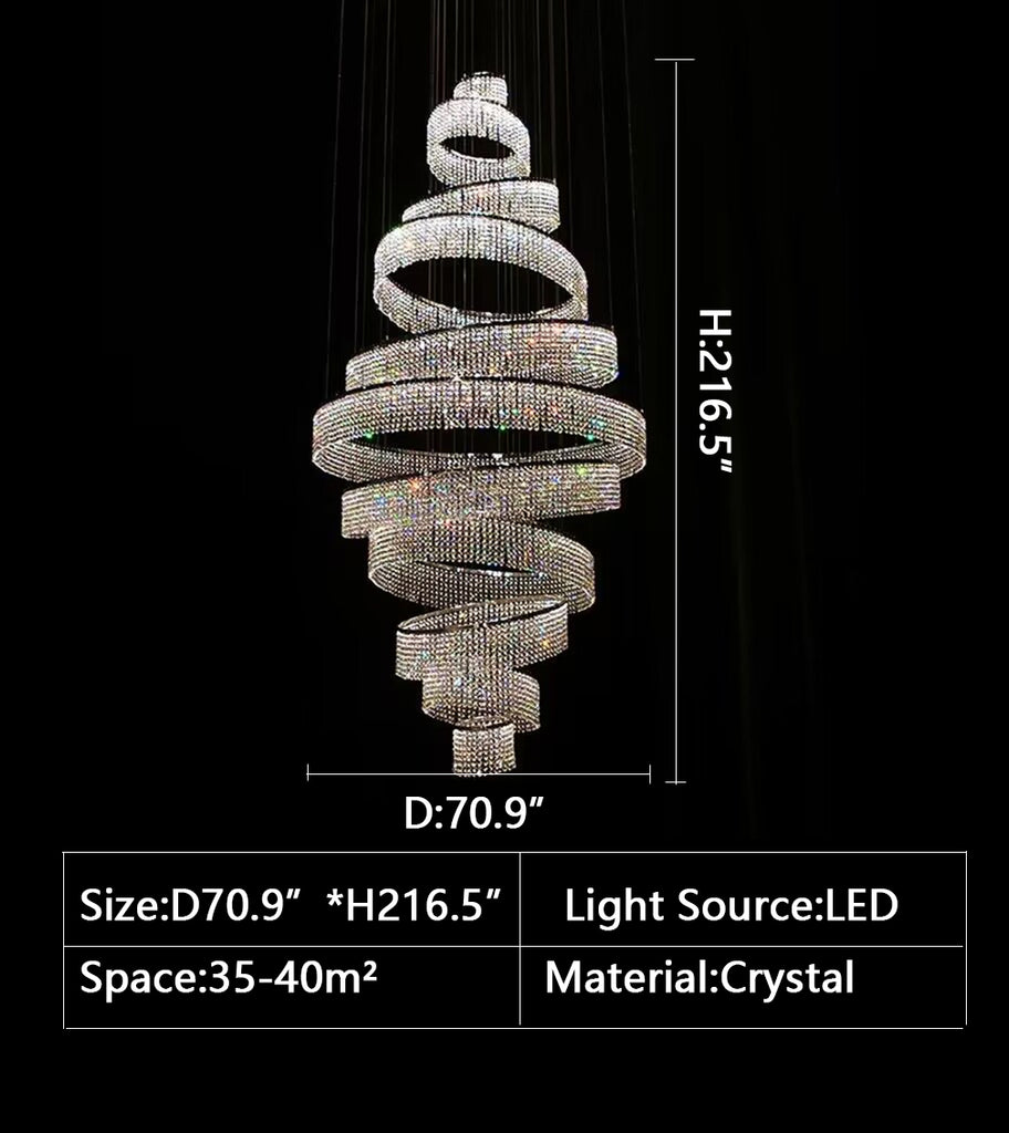 D70.9"*H216.5" oversized, spiral, large foyer, staircase, hotel lobby, modern, crystal, luxury, high ceiling, long